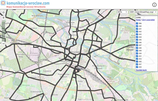 Mapa komunikacji nocnej Wrocławia